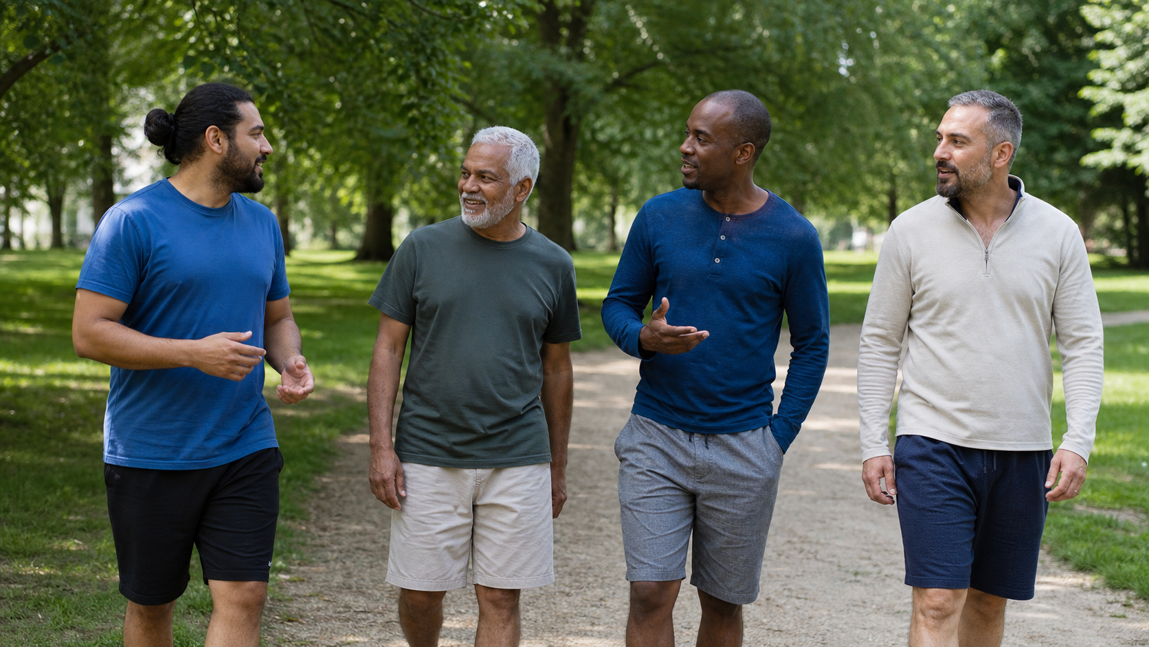 Men walking and talking in a green community space